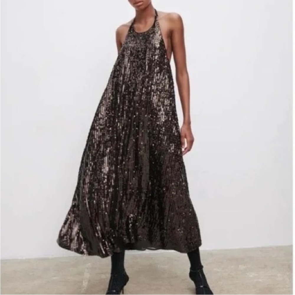 ZARA brown Sequin midi dress